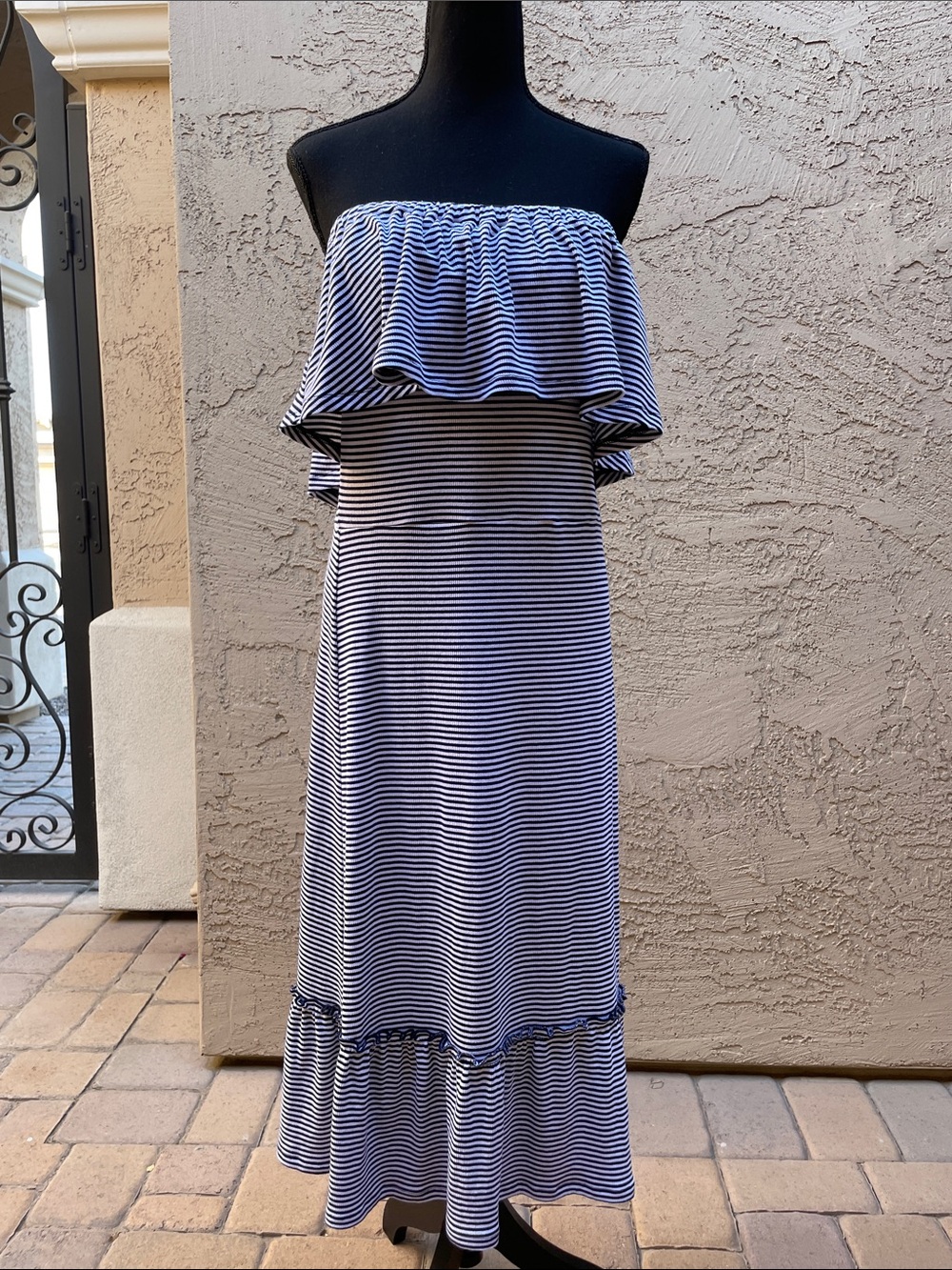 Michael Kors Striped Off-Shoulder Ruffle Maxi Dress - Navy & White